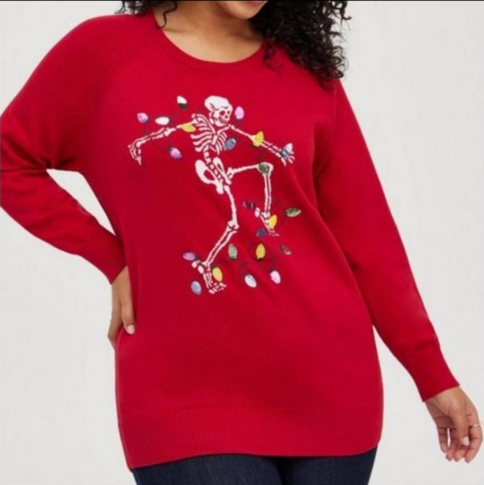 New Torrid 3X(22/24W) Christmas Crew Neck Pullover Sweater Dancing Skellie-Red